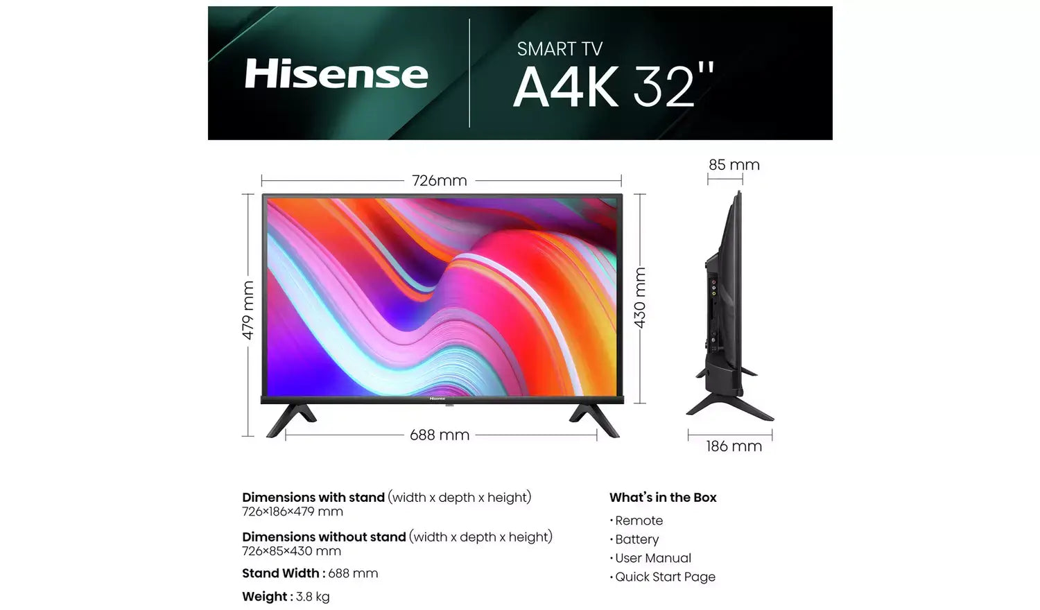 Hisense 32 Inch 32A4KTUK Smart HD Ready HDR LED Freeview TV