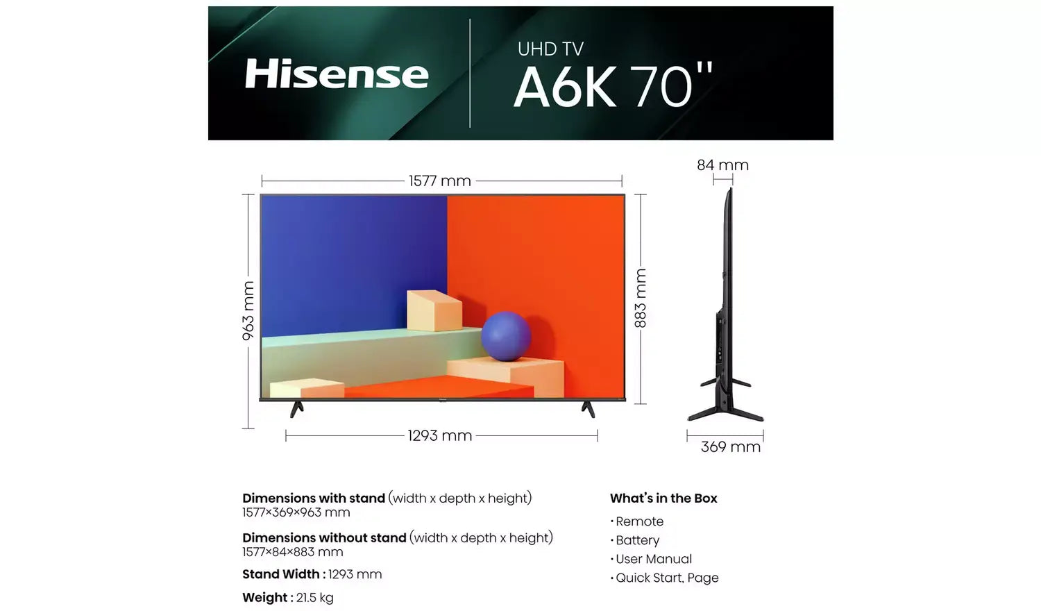 Hisense 70 Inch 70A6KTUK Smart 4K UHD HDR DLED Freeview TV